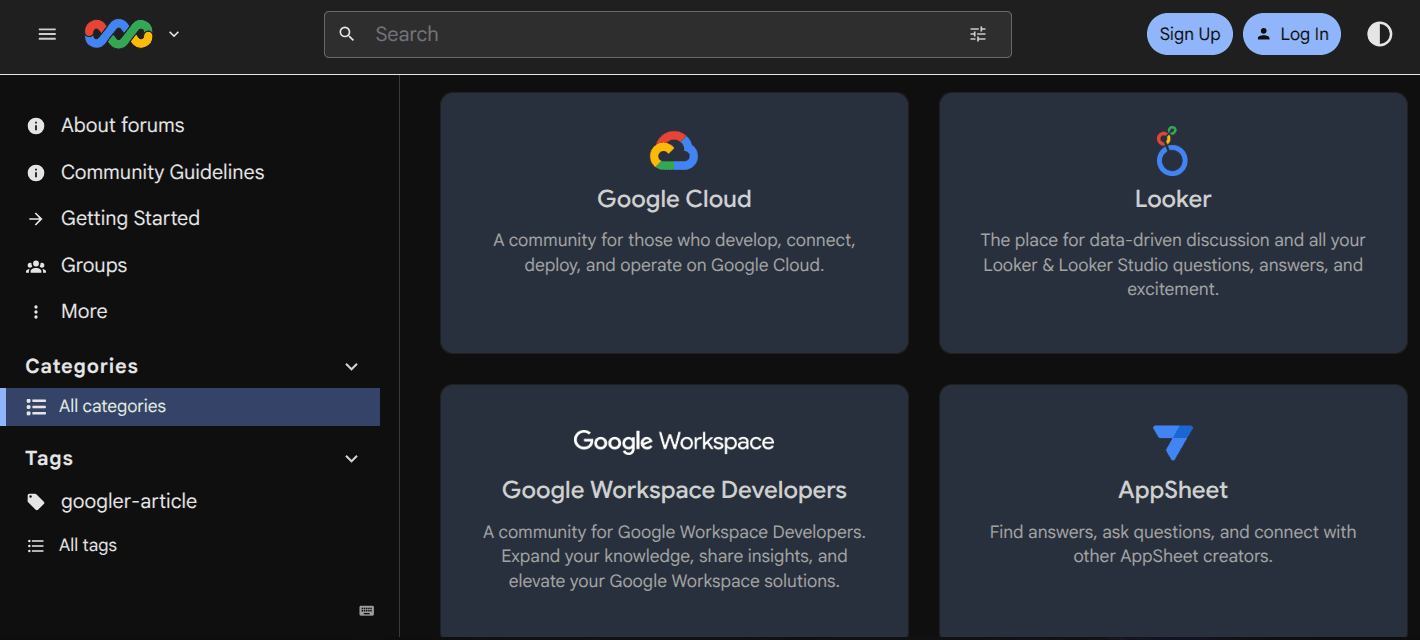 واجهة مستخدم منصات مطوري جوجل تعرض المجتمعات المتخصصة والنقاشات النشطة