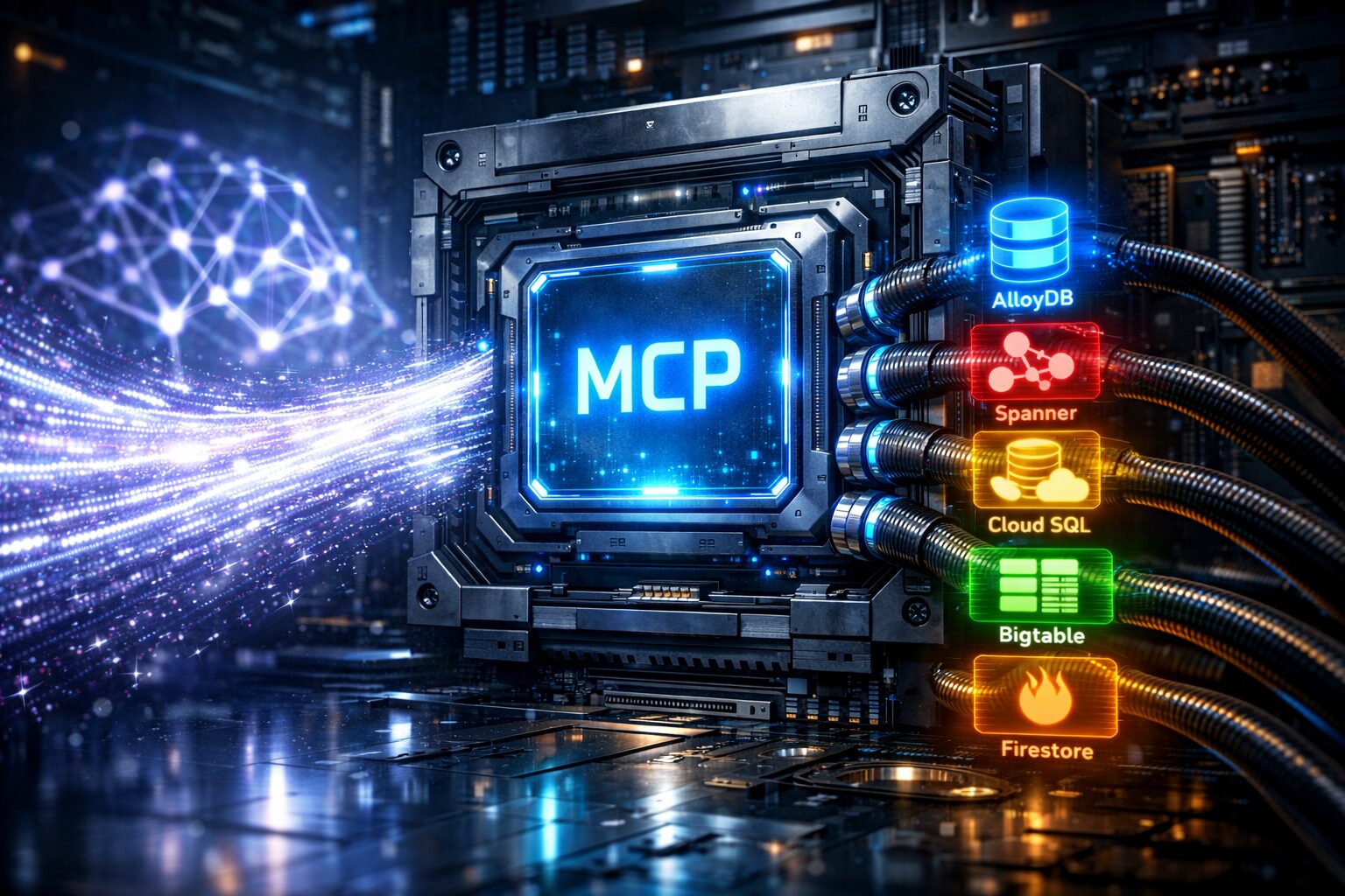 رسم توضيحي لبروتوكول MCP يربط قواعد بيانات جوجل كلاود (Firestore, Spanner, Bigtable) بنماذج الذكاء الاصطناعي