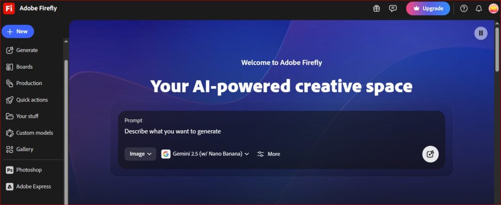 واجهة Adobe Firefly الرئيسية