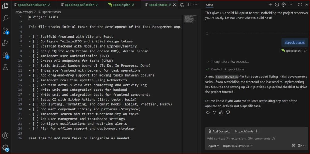 /speckit.tasks سينتج ملف يحتوي على المهام (Tasks)