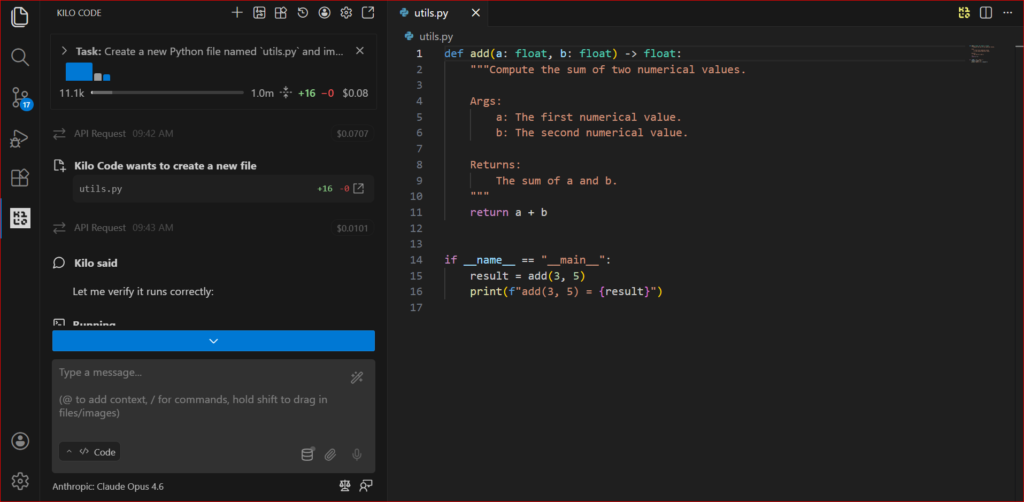 إنشاء ملف جديد وكتابة دالة بسيطة بواسطة Kilo AI