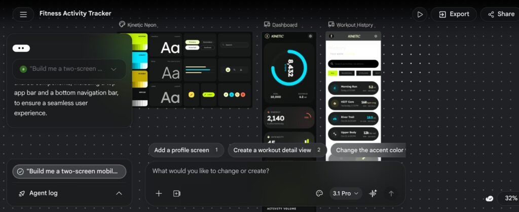 توجه إلى stitch.withgoogle.com وابدأ بوصف تطبيقك . يمكنك استخدام "Prompt" بسيط مثل: