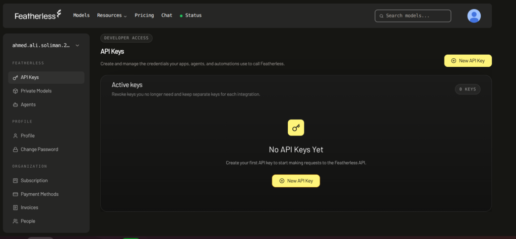 Featherless AI الحصول على مفتاح API